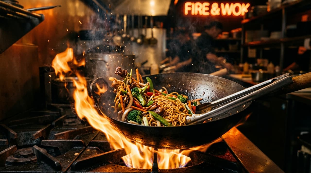 Sizzling wok cooking fresh Chinese noodles over roaring open fire