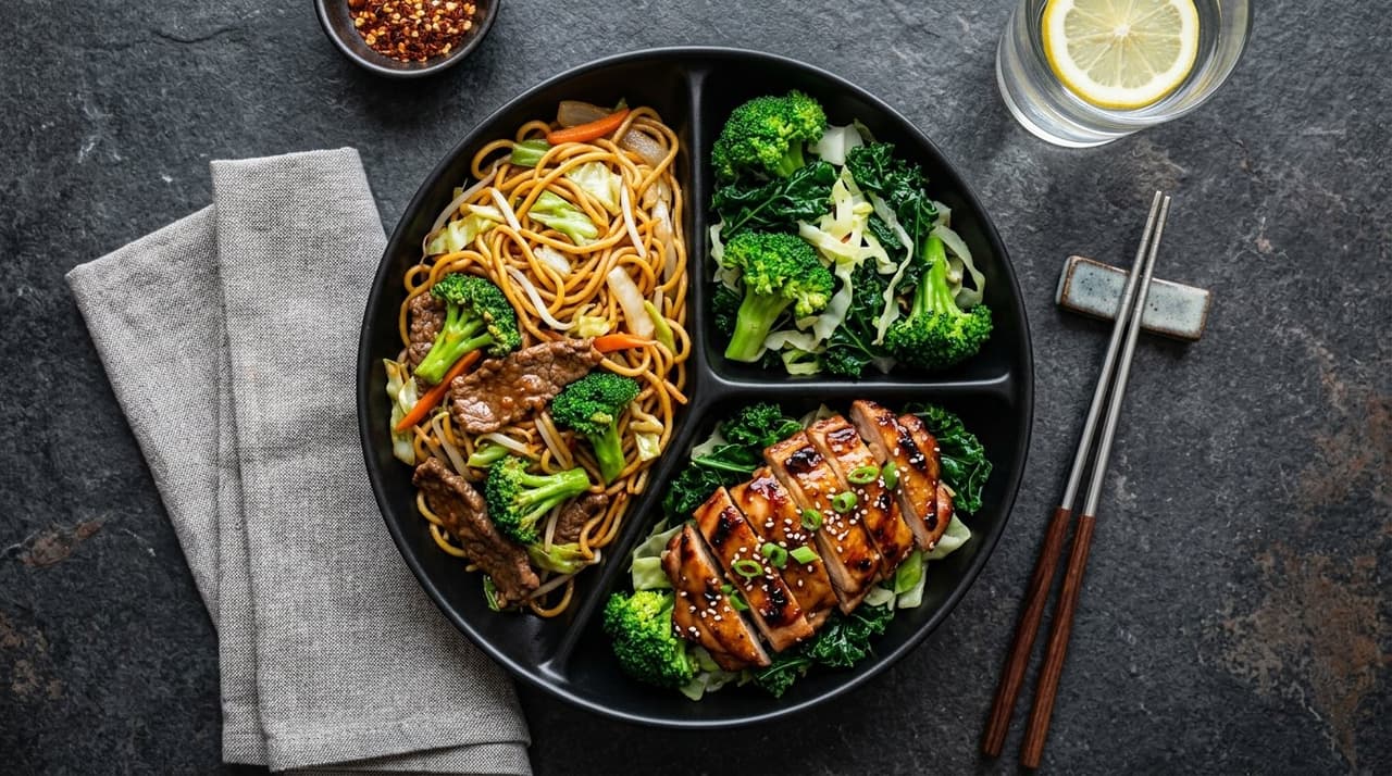 Panda Express balanced wok plate with steamed rice, lean chicken and vegetables