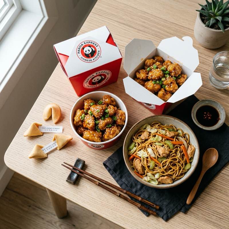 Panda Express Family Meal spread featuring Orange Chicken and Chow Mein takeout boxes